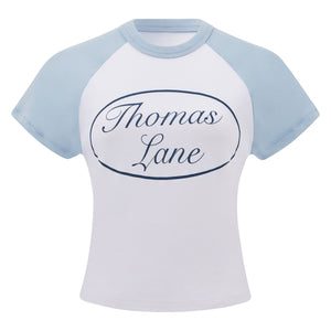 WHITE/BABY BLUE OVAL LOGO CROP TOP TEE
