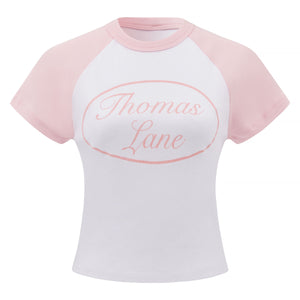 WHITE/PINK OVAL LOGO CROP TOP TEE